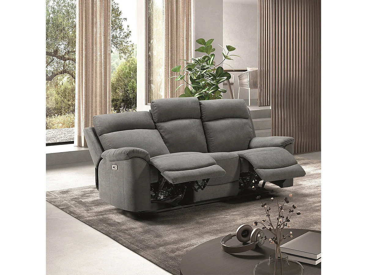 HUESCA - Canapé 3 Places Relax Electrique Tissu Gris