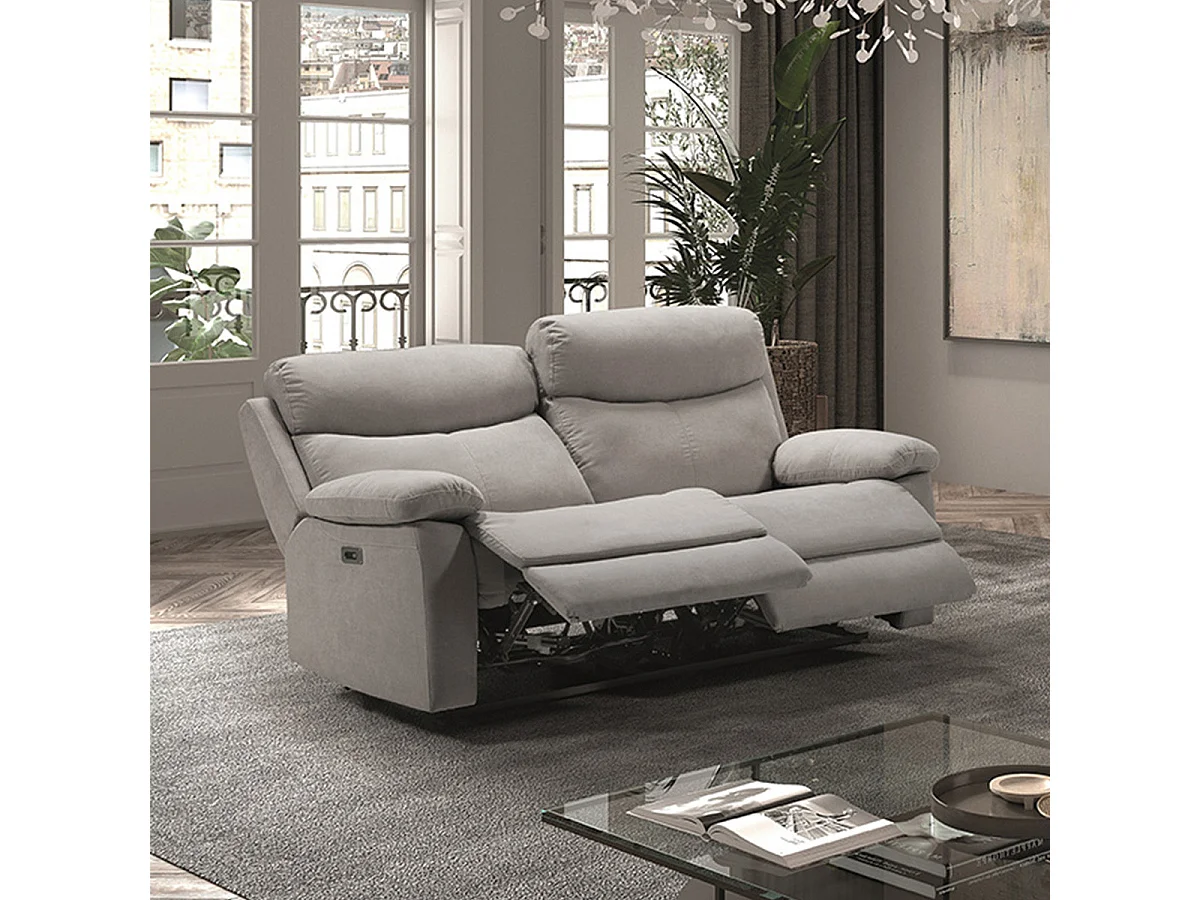 TARIFA - Canapé 3 Places Relax Electrique Gris Clair Tissu Waterproof