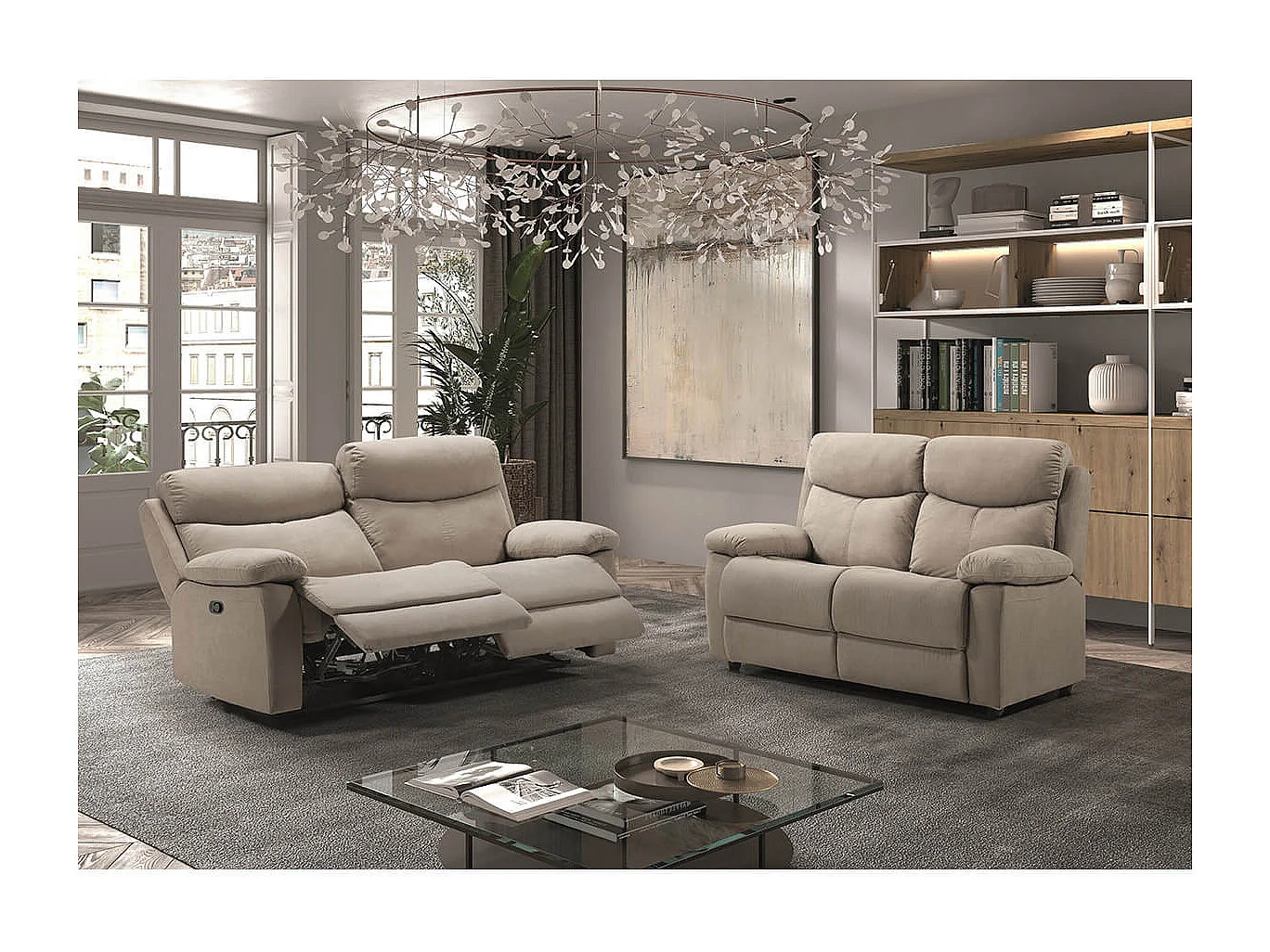 TARIFA - Canapé 3 Places Relax Manuel Beige Tissu Waterproof
