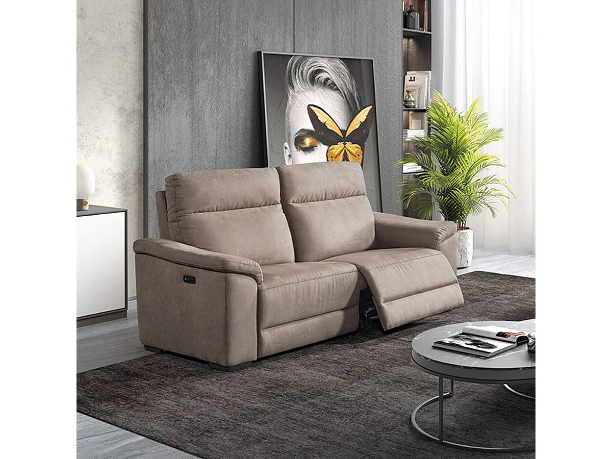 STANLEY - Canapé Relax Electrique 3 Places Tissu Peau de Pêche Taupe