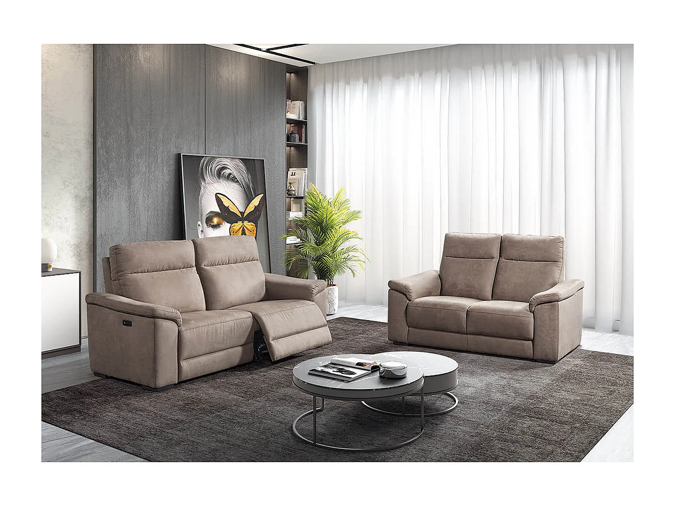 STANLEY - Canapé Relax Electrique 3 Places Tissu Peau de Pêche Taupe