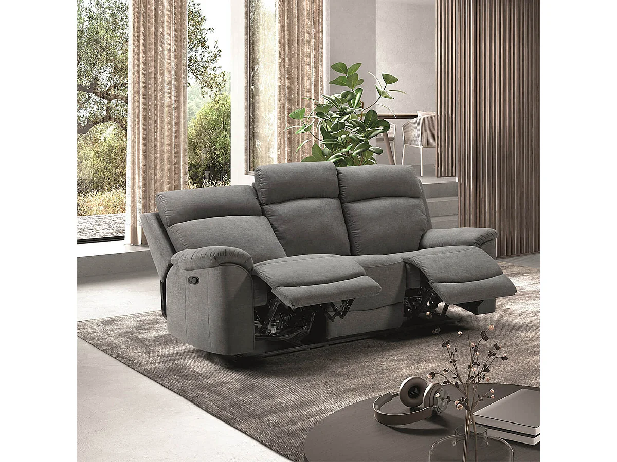 HUESCA - Canapé 3 Places Relax Manuel Tissu Gris