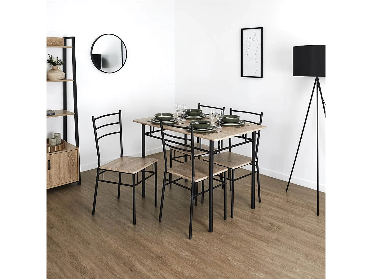 FAUSTIN - Ensemble Repas 4 Personnes Table et Chaises en MDF et Pieds Métal Noir