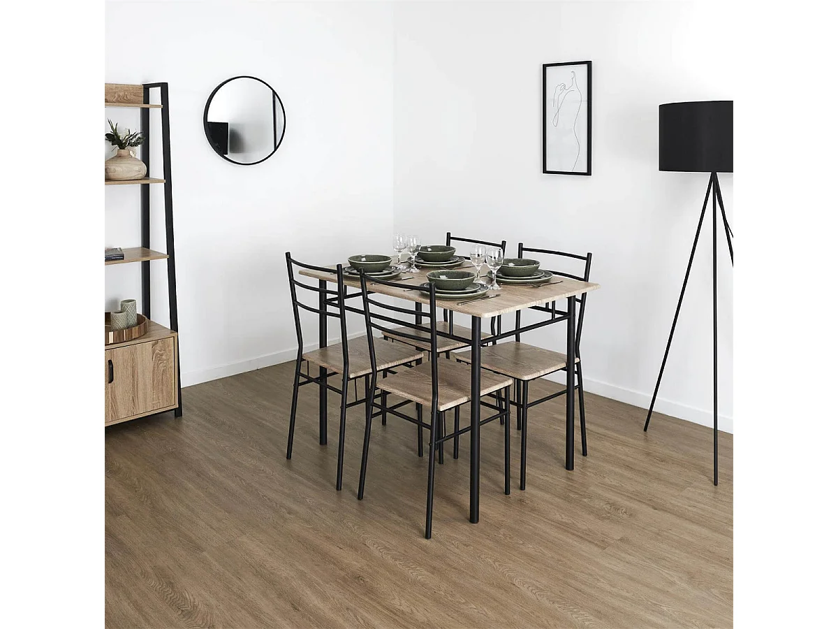 FAUSTIN - Ensemble Repas 4 Personnes Table et Chaises en MDF et Pieds Métal Noir