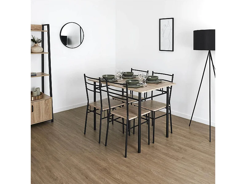 FAUSTIN - Ensemble Repas 4 Personnes Table et Chaises en MDF et Pieds Métal Noir