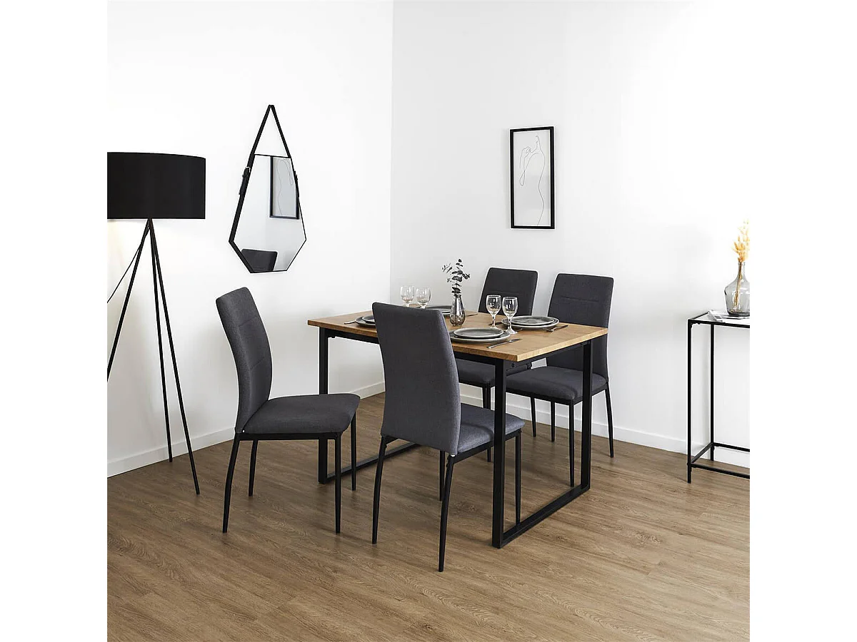 SERGIO - Ensemble Table en MDF et 4 Chaises en Tissu Gris Pieds Métal Noir