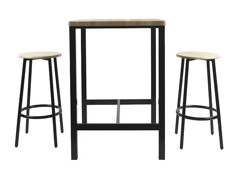 CORTEZ - Ensemble Table Haute et 2 Tabourets en MDF et Pieds Métal Noir