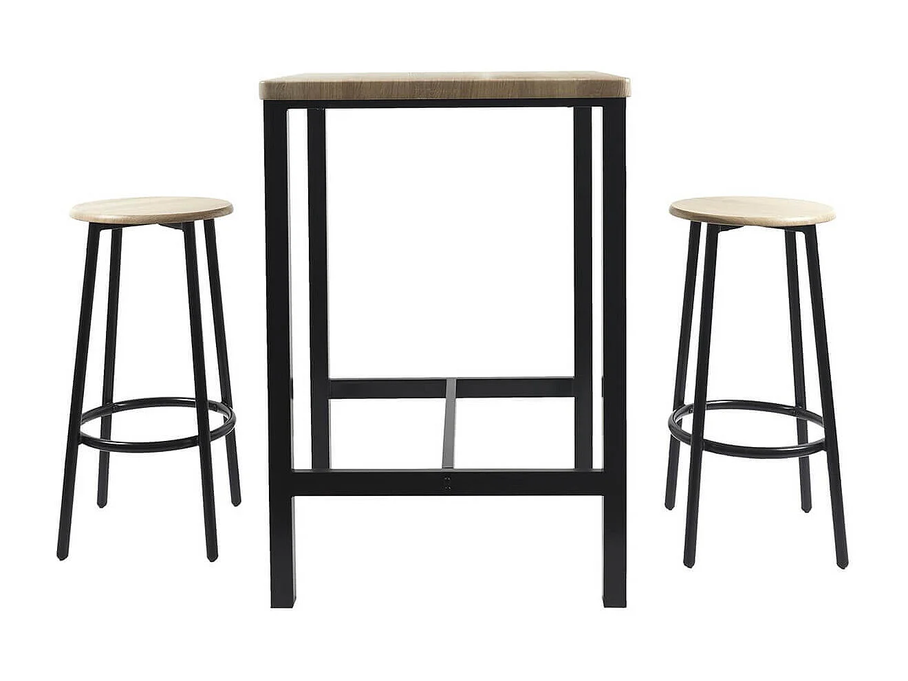 CORTEZ - Ensemble Table Haute et 2 Tabourets en MDF et Pieds Métal Noir