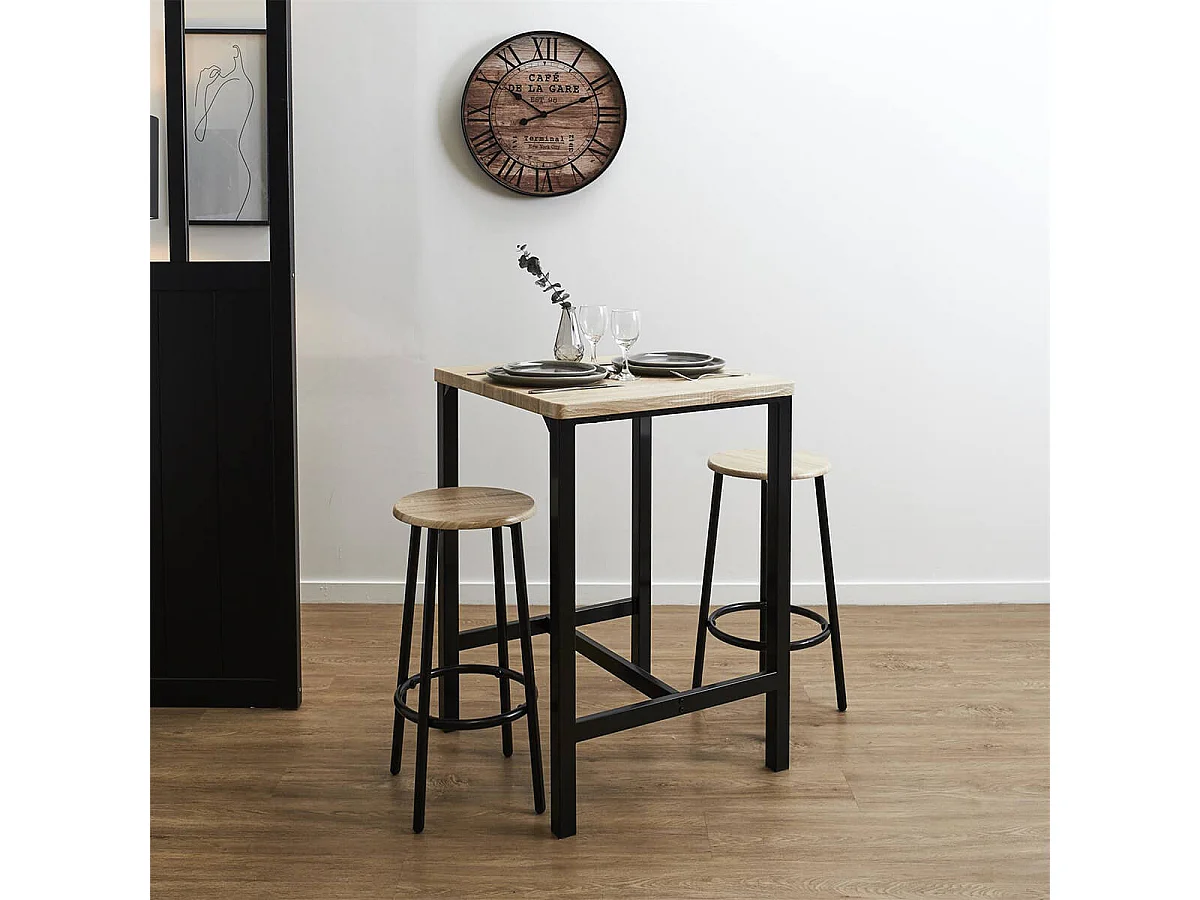 CORTEZ - Ensemble Table Haute et 2 Tabourets en MDF et Pieds Métal Noir