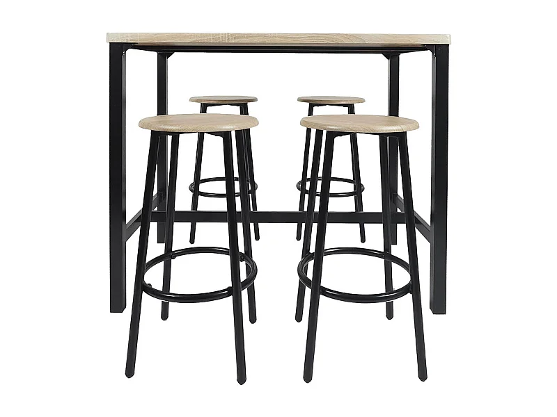 CORTEZ - Ensemble Table Haute et 4 Tabourets en MDF et Pieds Métal Noir