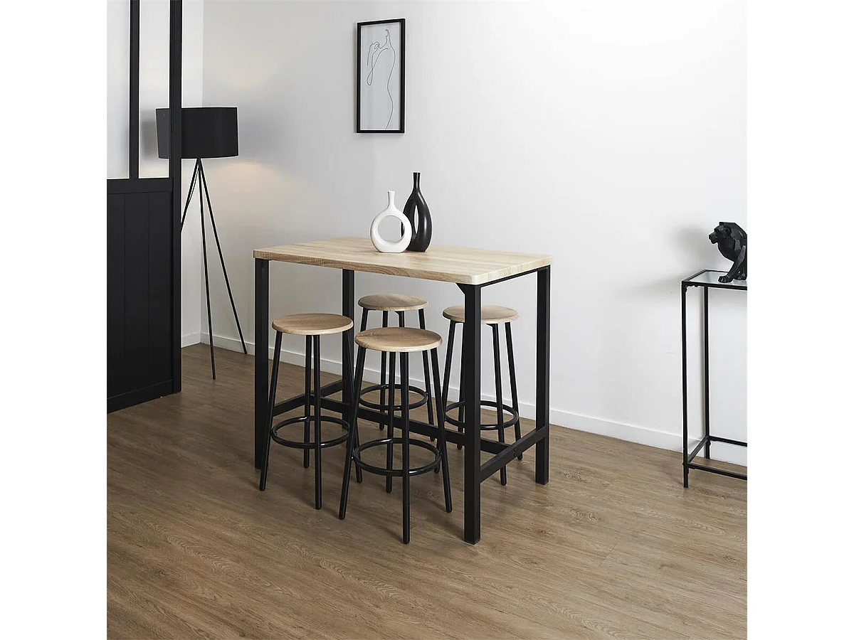 CORTEZ - Ensemble Table Haute et 4 Tabourets en MDF et Pieds Métal Noir
