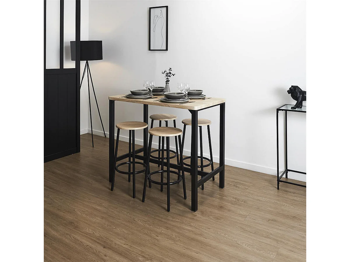 CORTEZ - Ensemble Table Haute et 4 Tabourets en MDF et Pieds Métal Noir