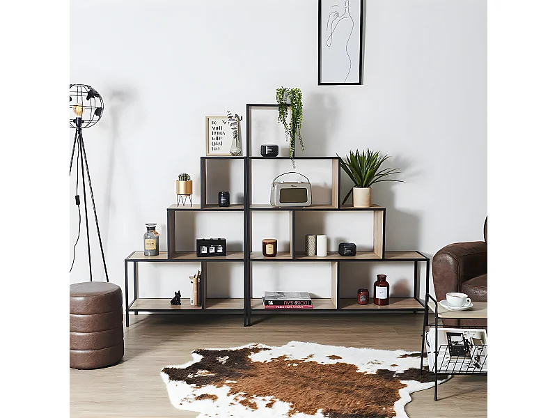 ENDIS - Lot de 2 Etagères Escalier 4 + 5 Niveaux Aspect Bois et Métal Noir