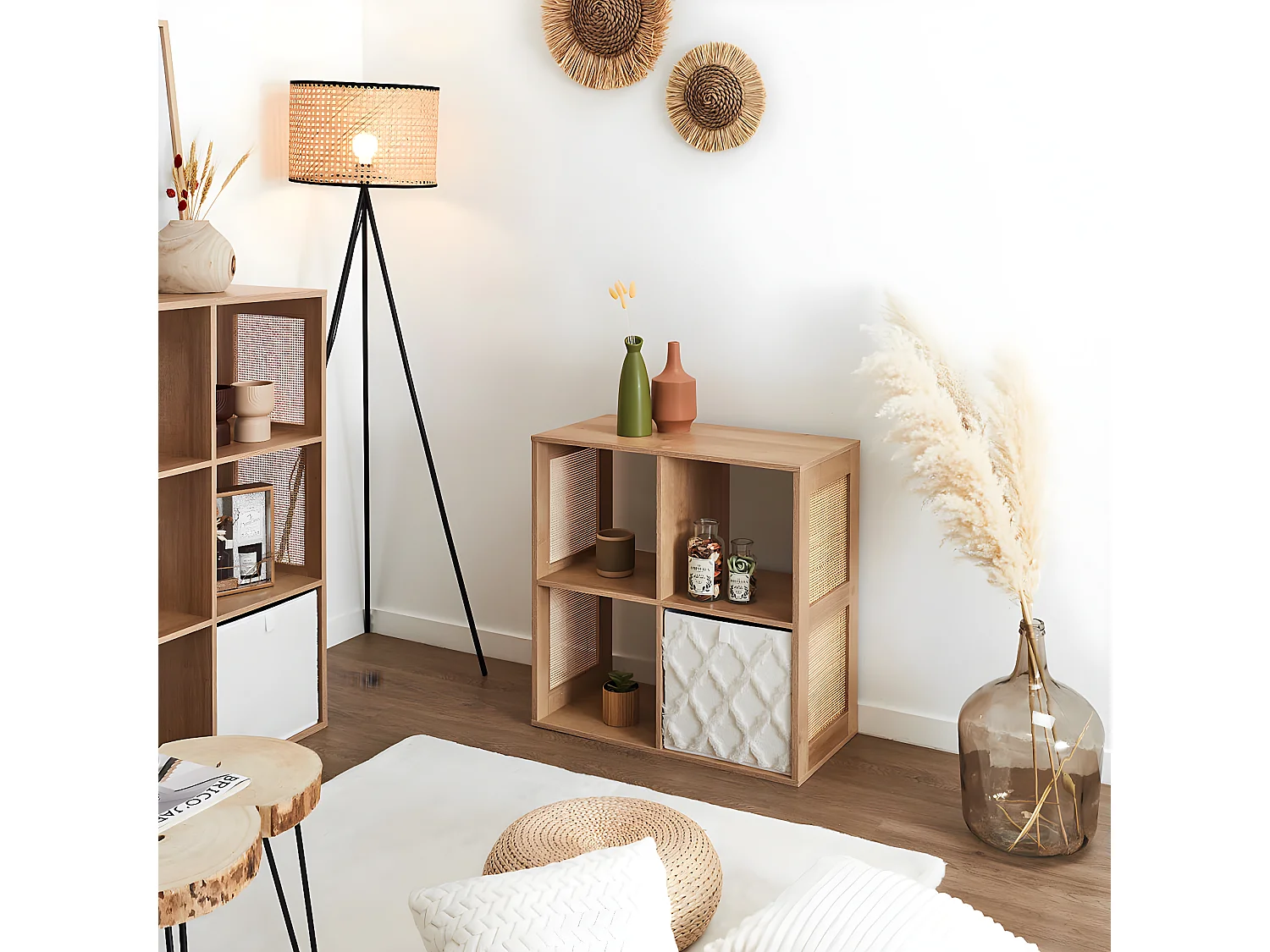 MAYA - Rangement 4 Cases Effet Bois et Façades Rotin