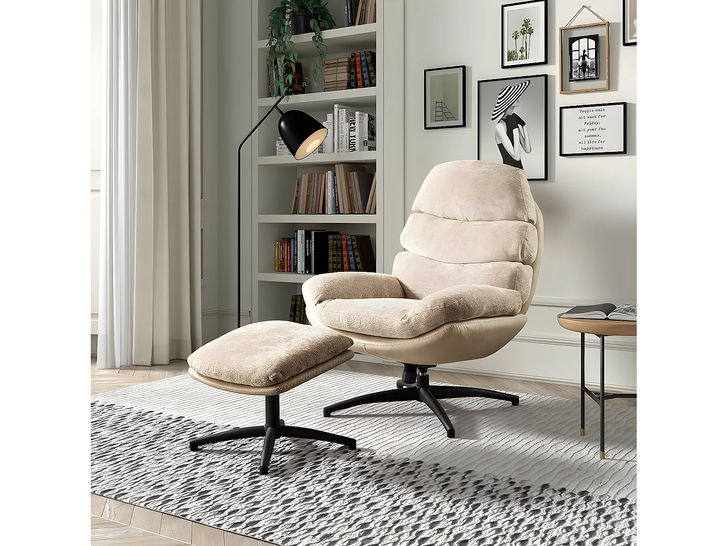 VIGO - Fauteuil Pivotant  avec Repose Pieds Bi-Matière Beige