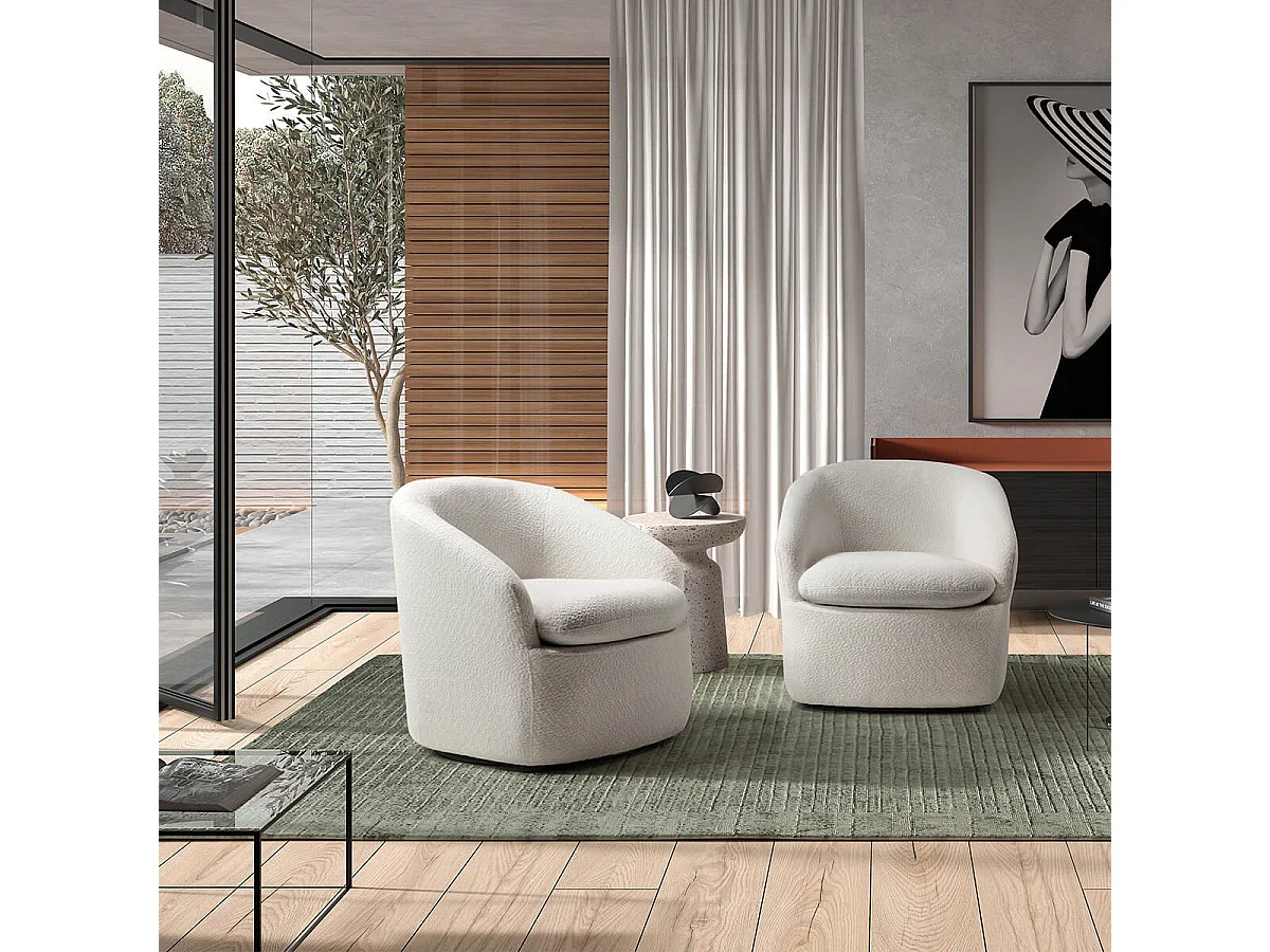 MAGDALENA - Fauteuil Pivotant Tissu Bouclette Blanc