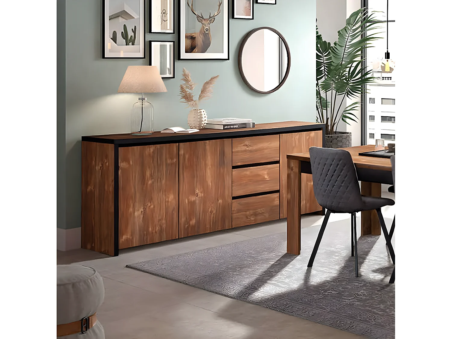 STALONE - Buffet 3 Portes 3 Tiroirs Effet Bois Manguier Foncé et Noir