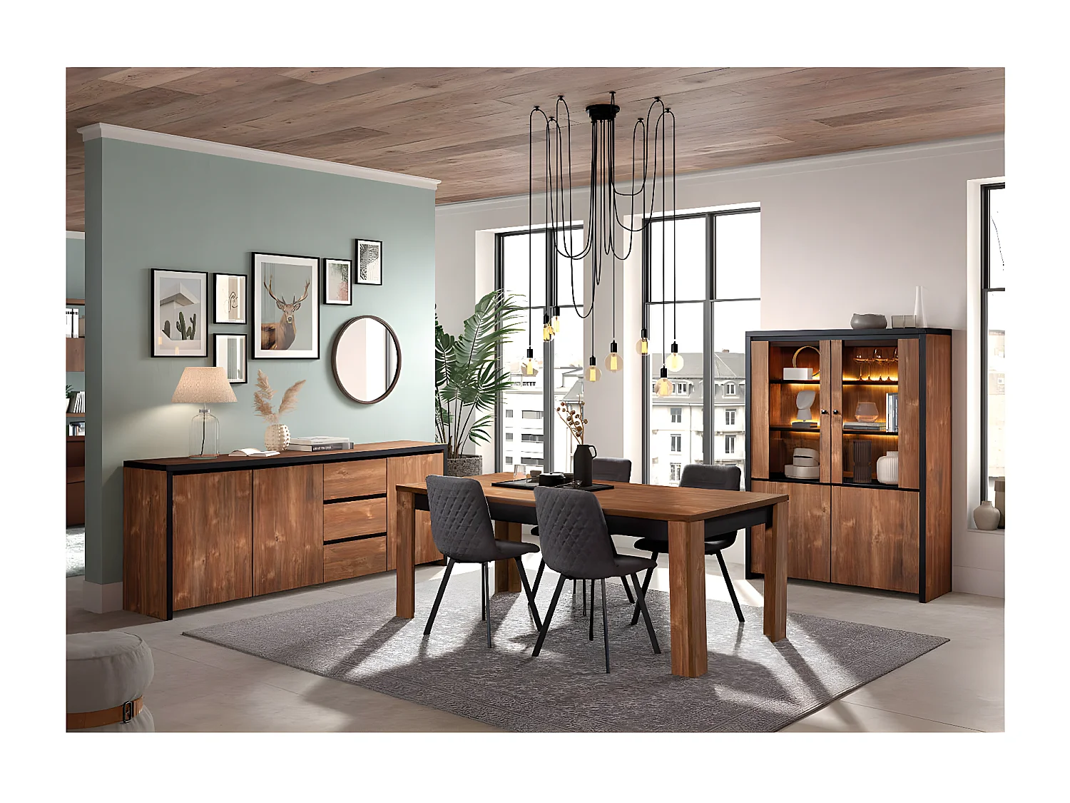 STALONE - Buffet 3 Portes 3 Tiroirs Effet Bois Manguier Foncé et Noir