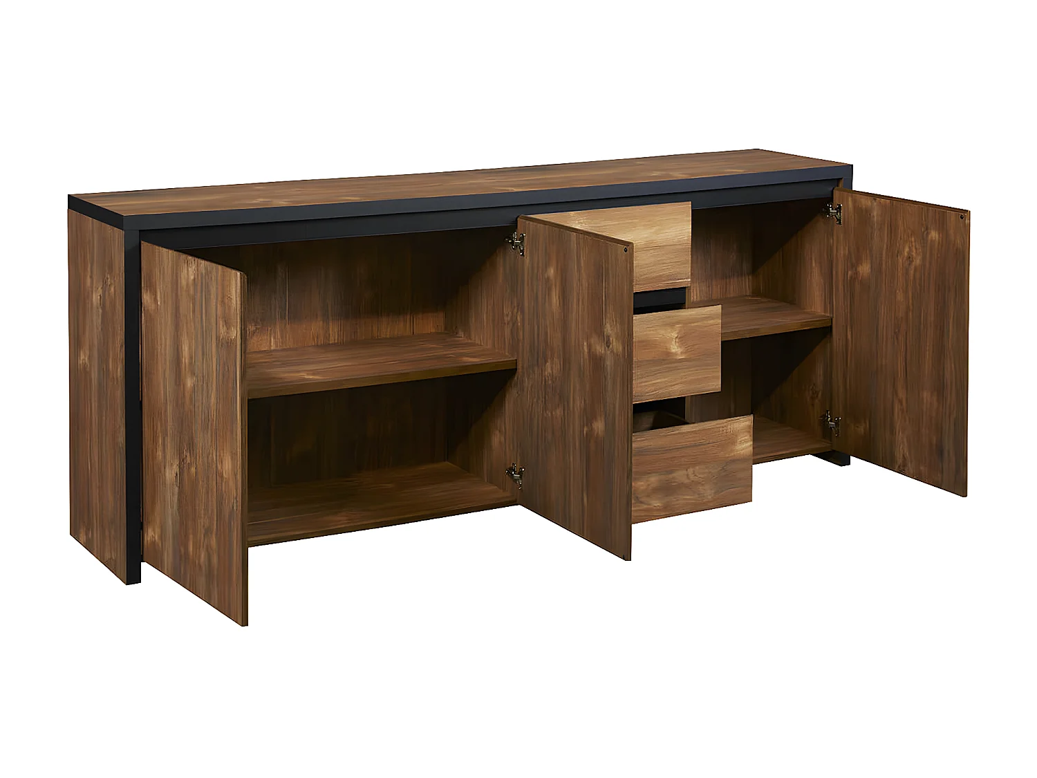 STALONE - Buffet 3 Portes 3 Tiroirs Effet Bois Manguier Foncé et Noir