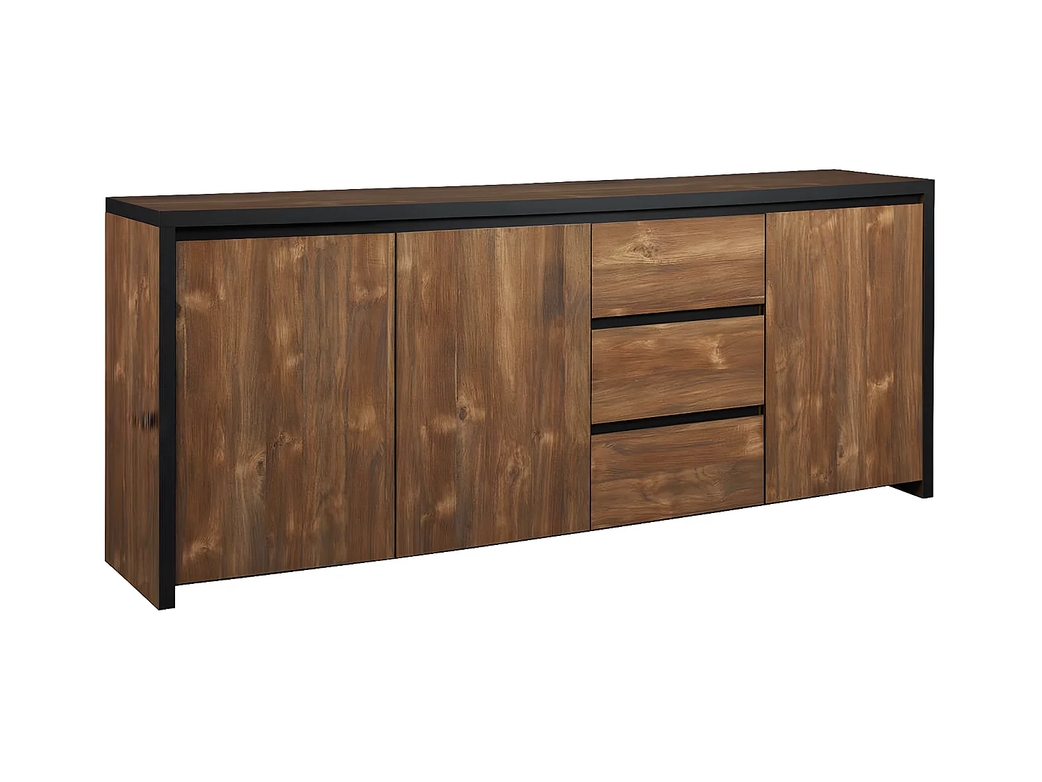 STALONE - Buffet 3 Portes 3 Tiroirs Effet Bois Manguier Foncé et Noir