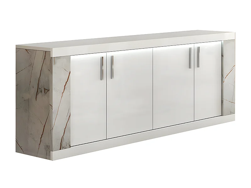 EROS - Buffet 4 Portes Blanc Eclairage Led intégré avec Décor Latéral Aspect Marbre