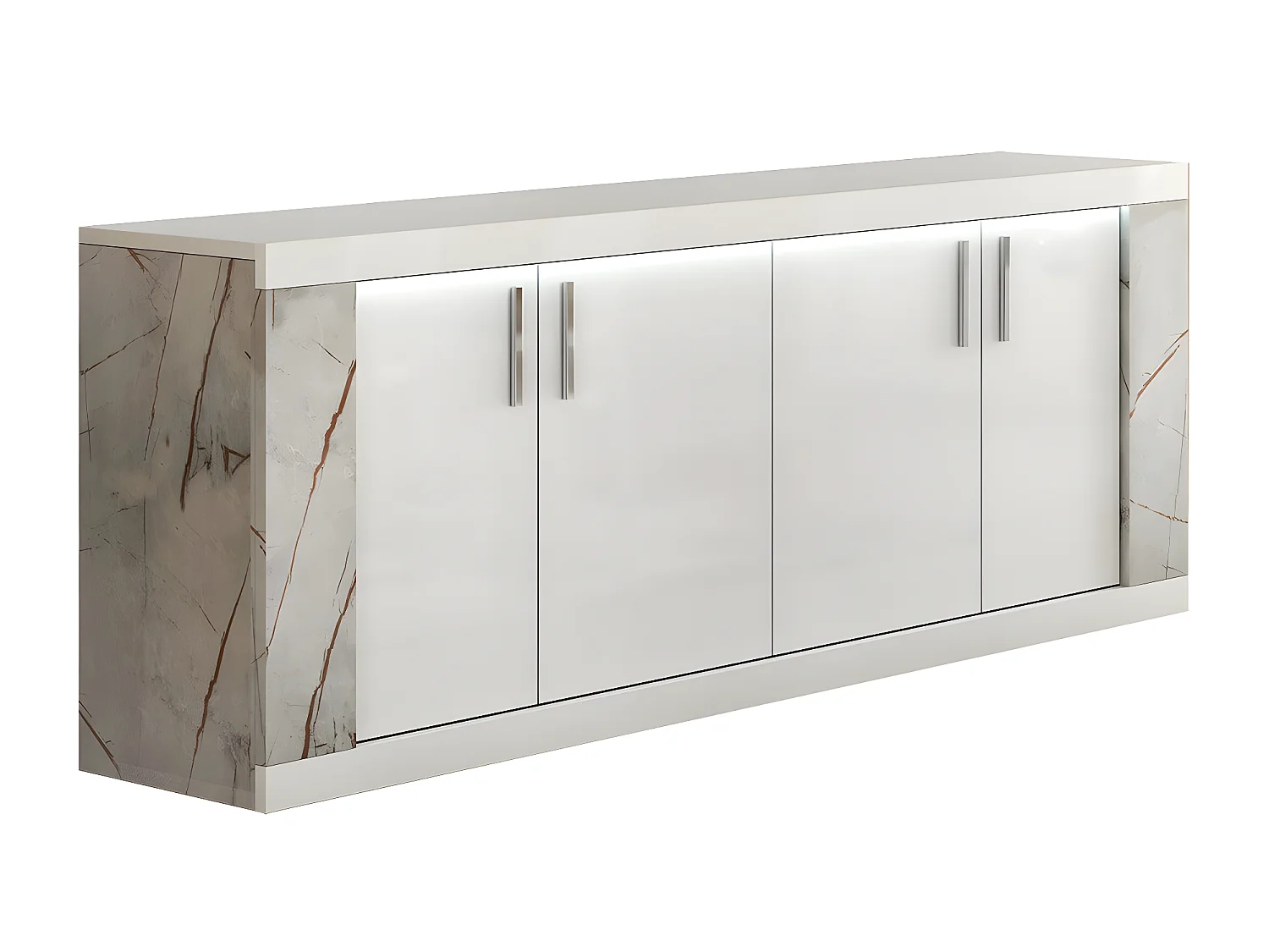 EROS - Buffet 4 Portes Blanc Eclairage Led intégré avec Décor Latéral Aspect Marbre