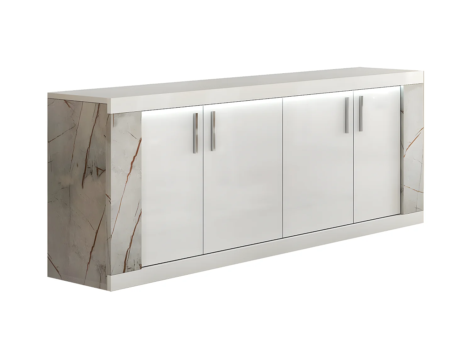 EROS - Buffet 4 Portes Blanc Eclairage Led intégré avec Décor Latéral Aspect Marbre