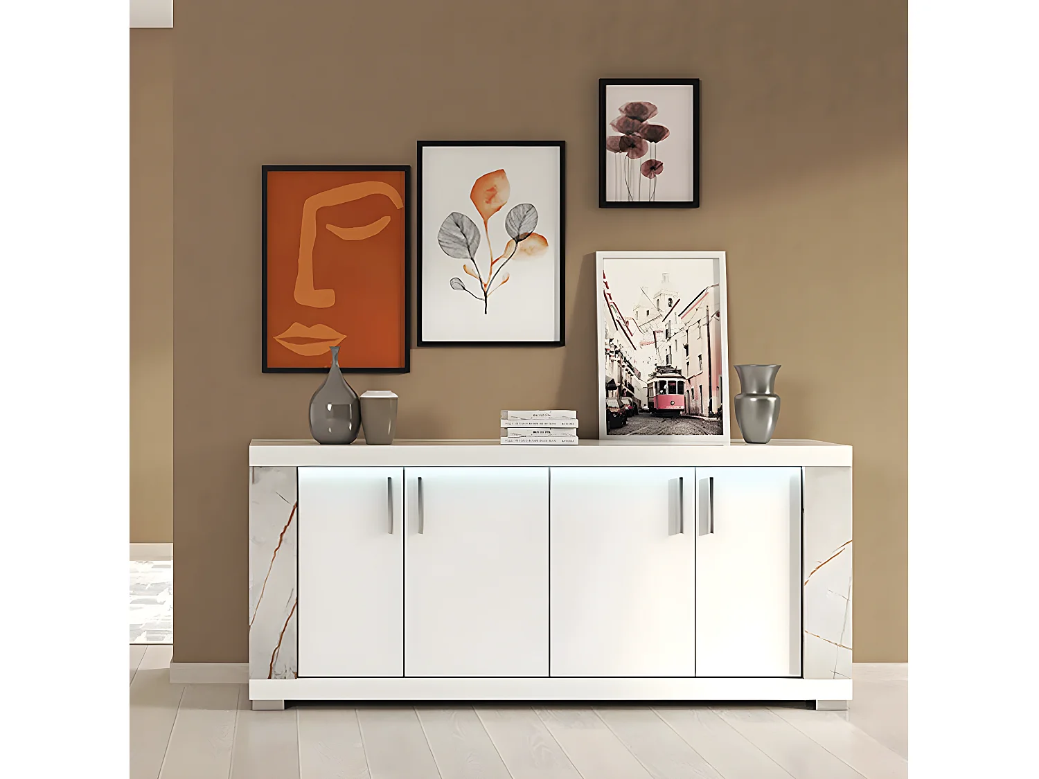 EROS - Buffet 4 Portes Blanc Eclairage Led intégré avec Décor Latéral Aspect Marbre