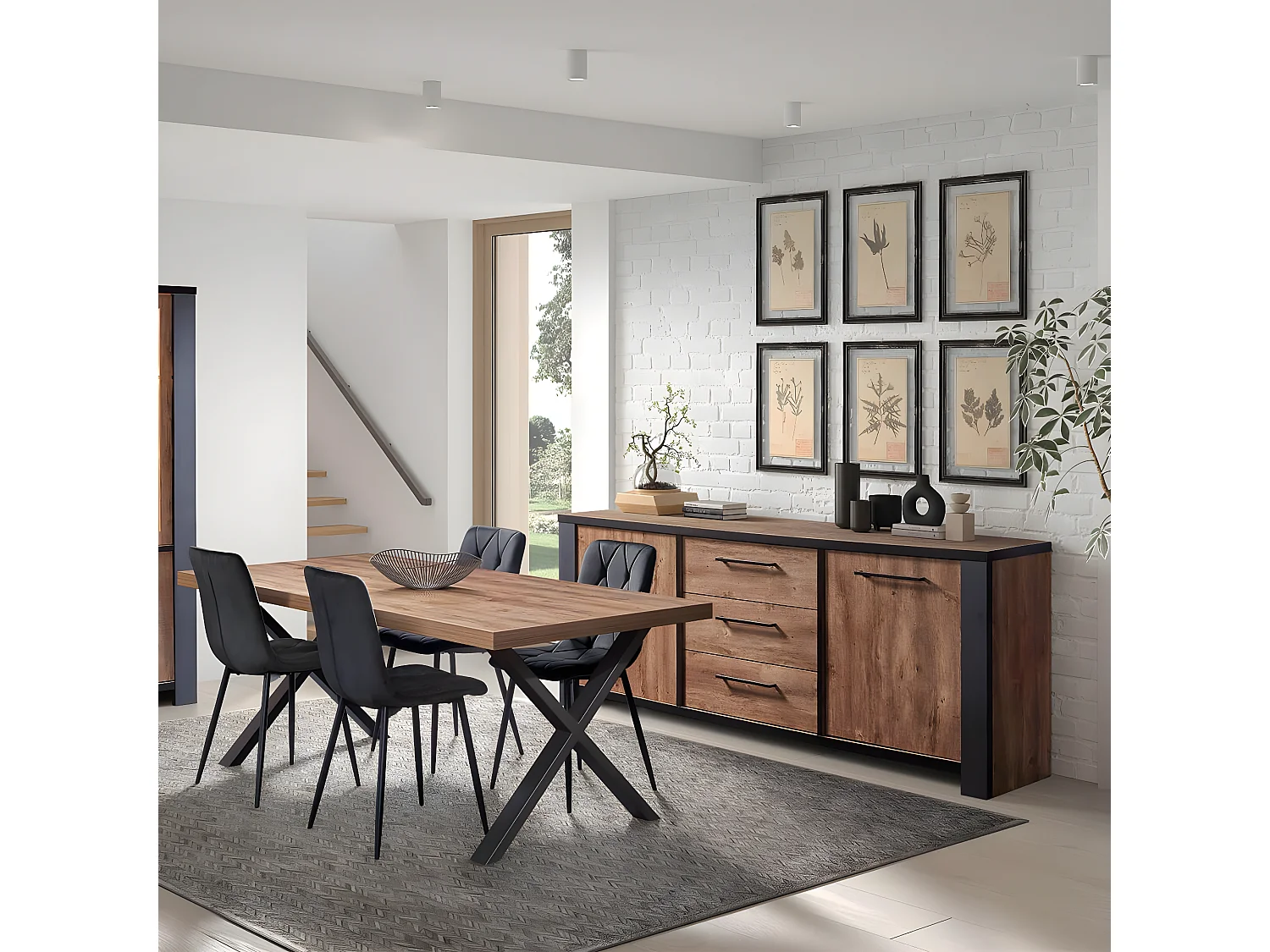 ETIENNE - Buffet 2 Portes et 3 Tiroirs Aspect Bois finition Denver et Noir