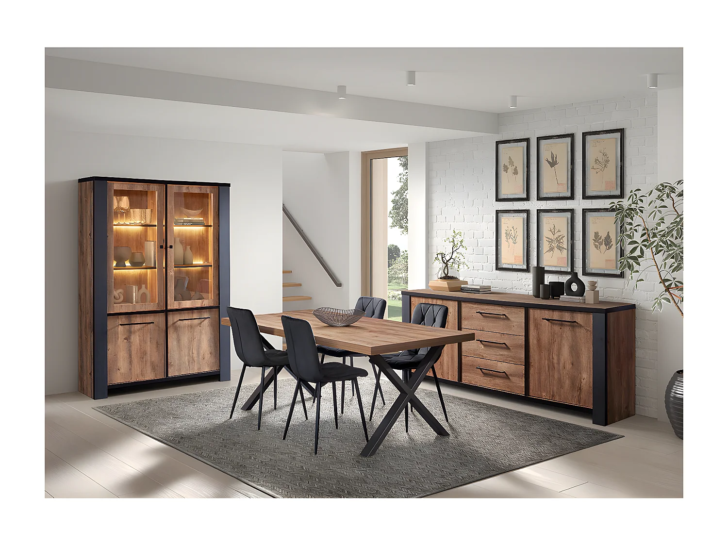ETIENNE - Buffet 2 Portes et 3 Tiroirs Aspect Bois finition Denver et Noir