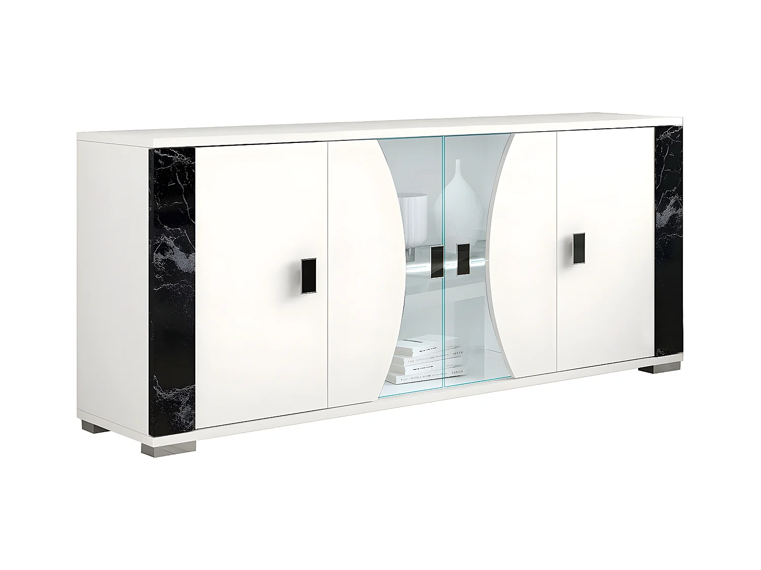 ARIANE - Buffet 4 Portes Blanc Eclairage Led intégré avec Décor Latéral Aspect Marbre Noir