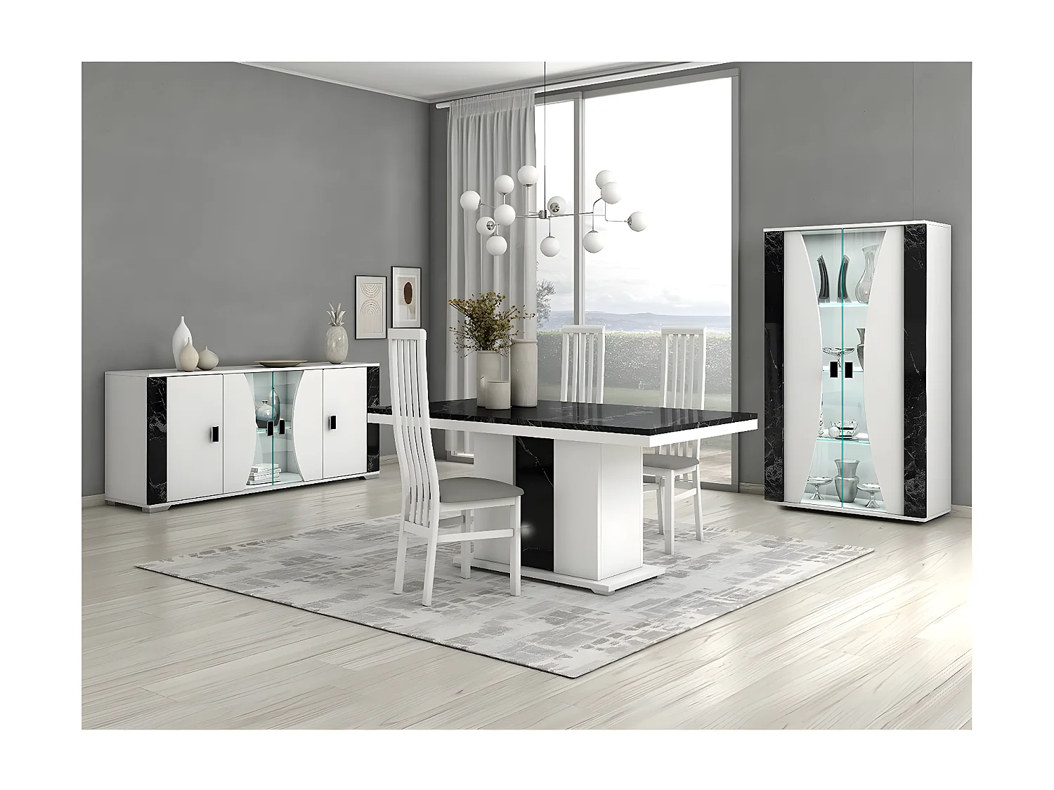 ARIANE - Buffet 4 Portes Blanc Eclairage Led intégré avec Décor Latéral Aspect Marbre Noir