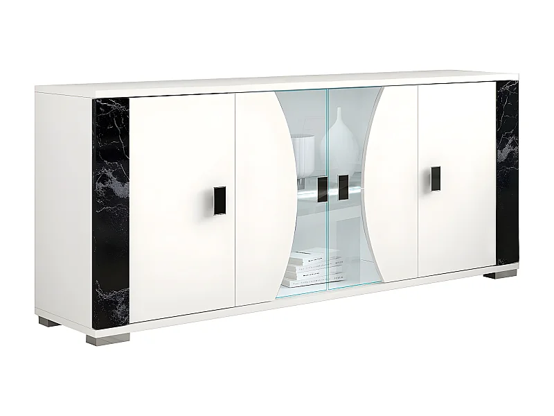 ARIANE - Buffet 4 Portes Blanc Eclairage Led intégré avec Décor Latéral Aspect Marbre Noir