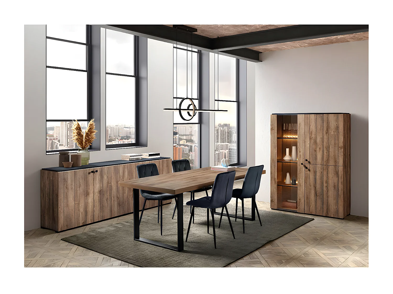 GLESS - Buffet 4 Portes Aspect Bois Finition Denver Façon Lambris