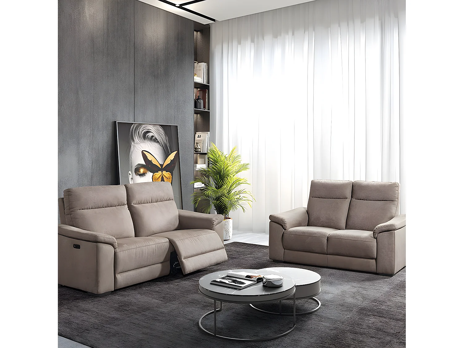 STANLEY - Canapé Relax Electrique 3 Places + Canapé 2 Places Fixe Tissu Taupe