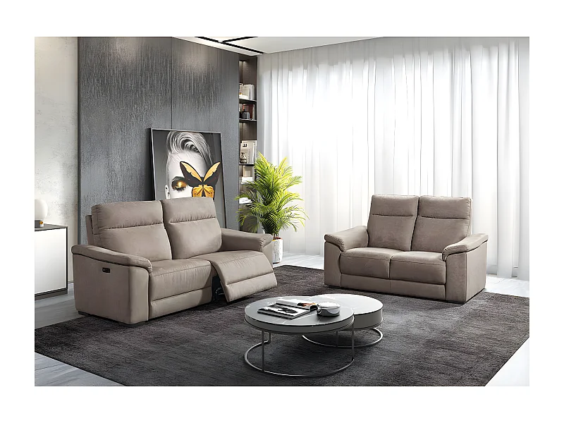 STANLEY - Canapé Relax Electrique 3 Places + Canapé 2 Places Fixe Tissu Taupe