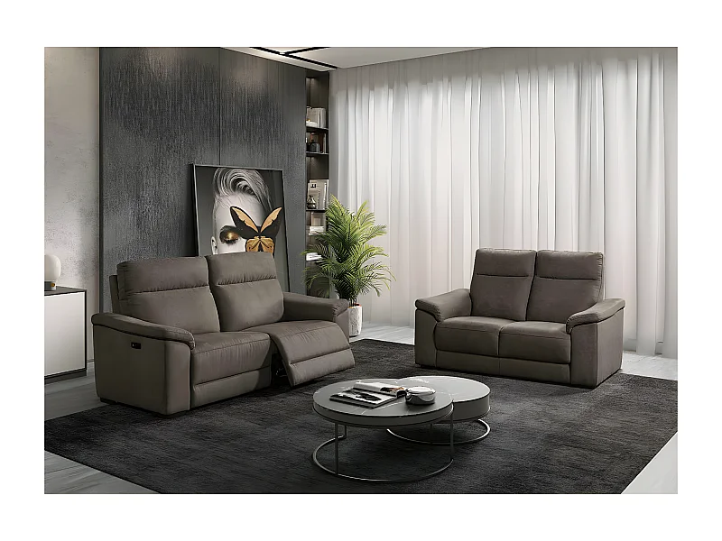STANLEY - Canapé Relax Electrique 3 Places + Canapé 2 Places Fixe Tissu Gris Foncé