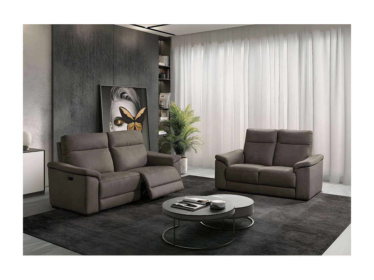 STANLEY - Canapé Relax Electrique 3 Places + Canapé 2 Places Fixe Tissu Gris Foncé