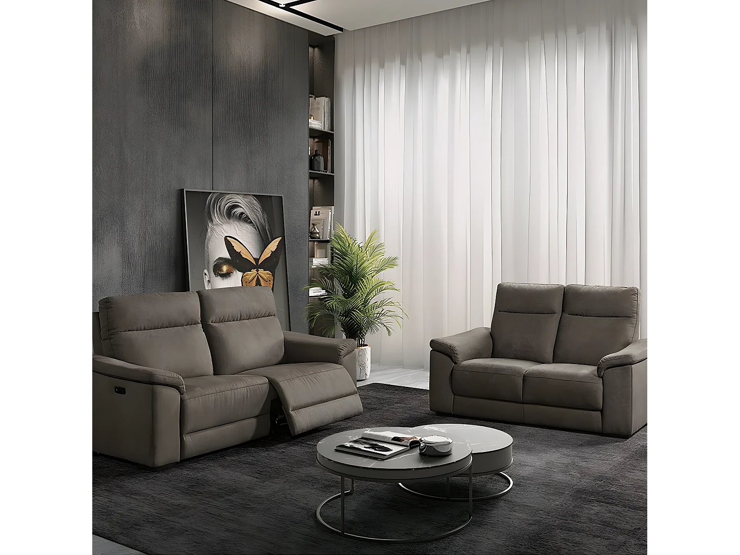 STANLEY - Canapé Relax Electrique 3 Places + Canapé 2 Places Fixe Tissu Gris Foncé