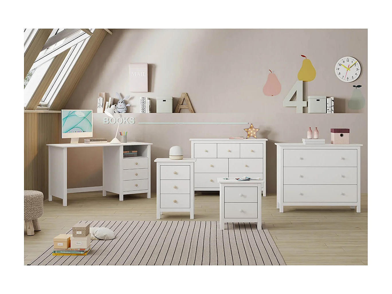 DAVA - Commode 7 Tiroirs en Pin Massif Blanc