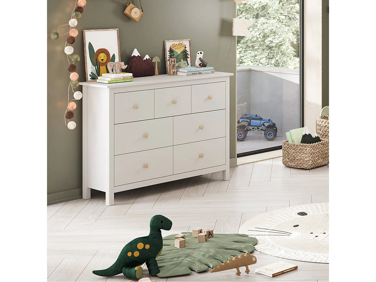 DAVA - Commode 7 Tiroirs en Pin Massif Blanc