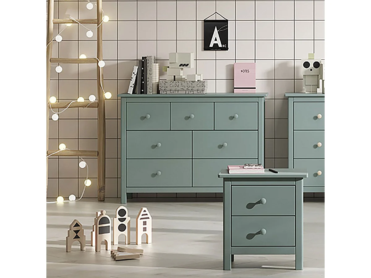 DAVA - Commode 7 Tiroirs en Pin Massif Vert Pétrole