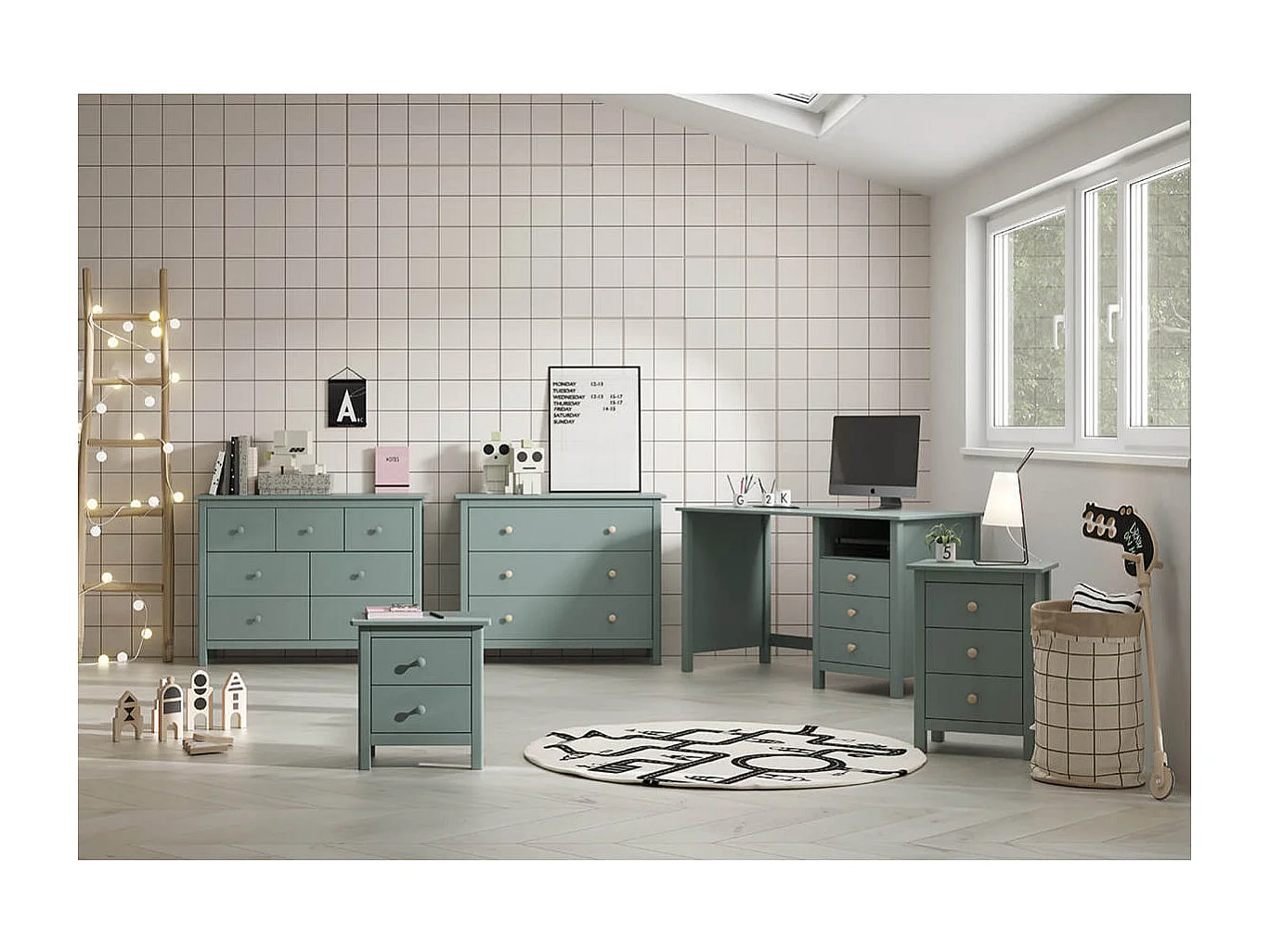 DAVA - Commode 7 Tiroirs en Pin Massif Vert Pétrole