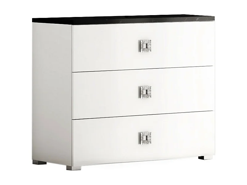 GAÏA - Commode 3 Tiroirs Laquée Blanche Dessus Noir Aspect Marbre