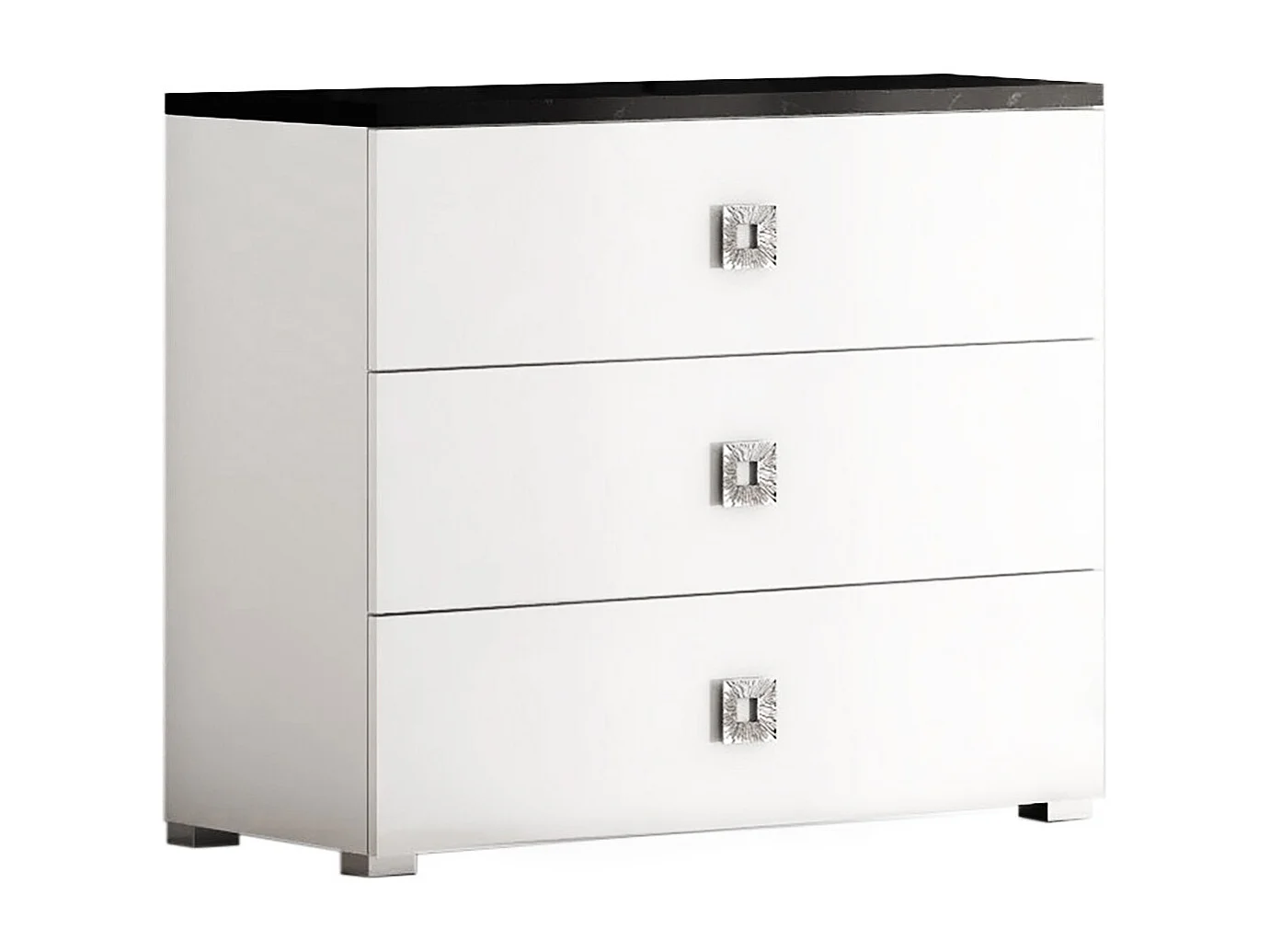 GAÏA - Commode 3 Tiroirs Laquée Blanche Dessus Noir Aspect Marbre