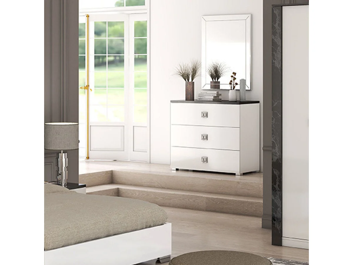 GAÏA - Commode 3 Tiroirs Laquée Blanche Dessus Noir Aspect Marbre