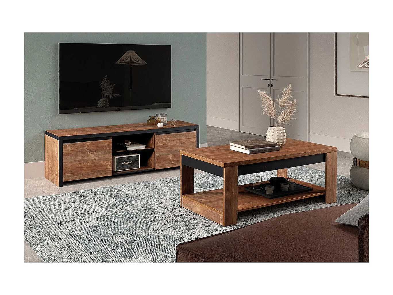 STALONE - Ensemble Salon Effet Bois Manguier Foncé et Noir