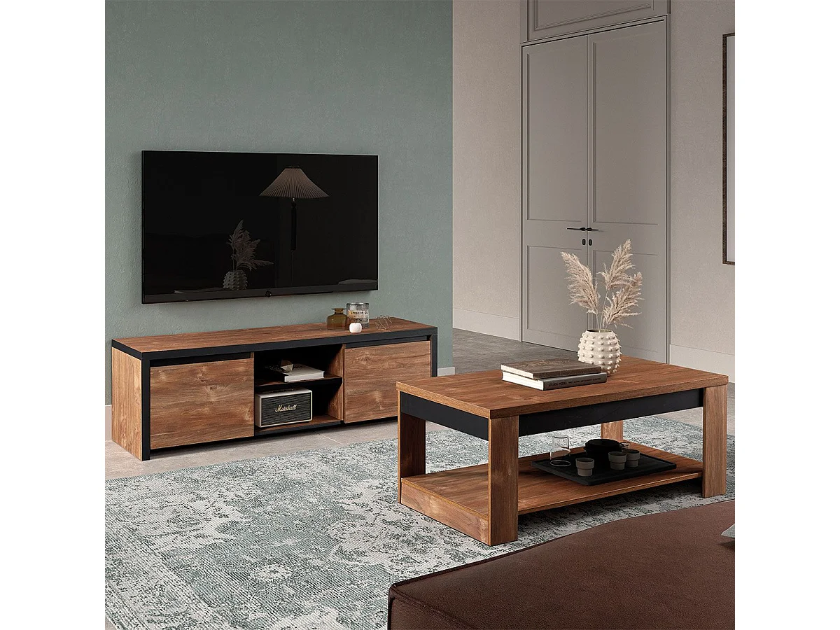 STALONE - Ensemble Salon Effet Bois Manguier Foncé et Noir