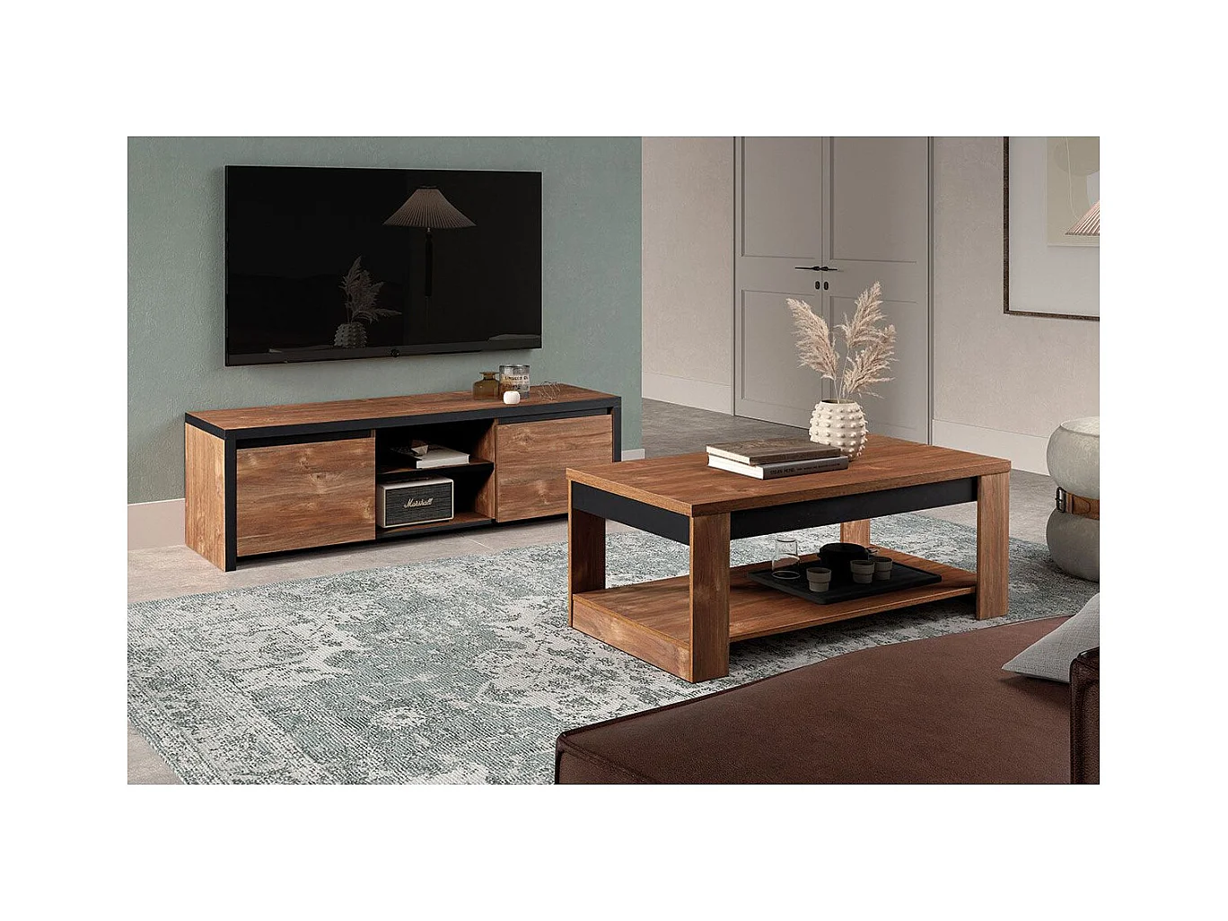 STALONE - Ensemble Salon Effet Bois Manguier Foncé et Noir