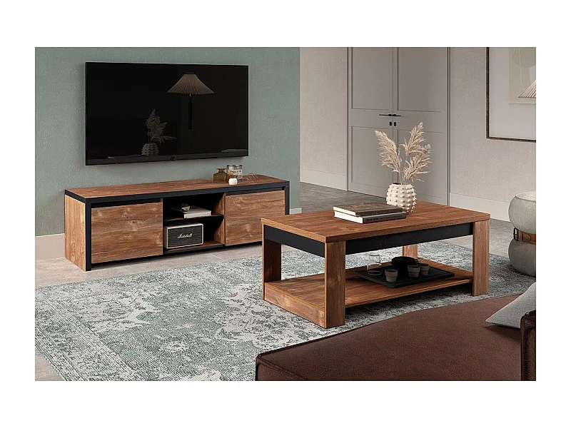 STALONE - Ensemble Salon Effet Bois Manguier Foncé et Noir